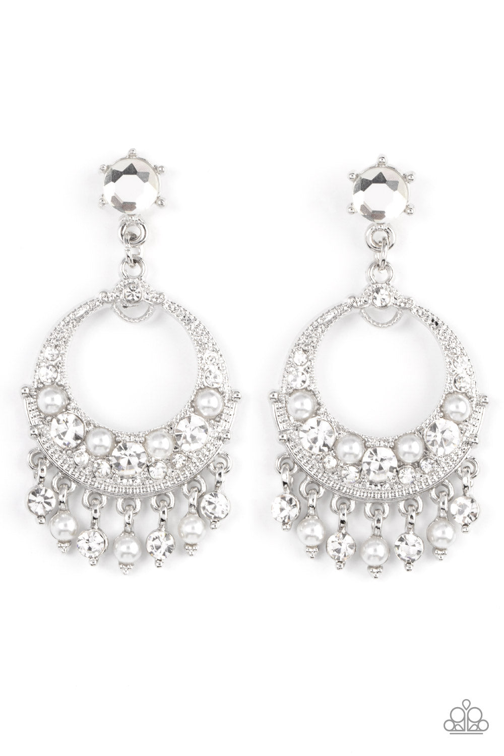 Marrakesh Request White Post Earring - Paparazzi Accessories  White pearl and white rhinestone dotted frames dance from the bottom of an ornate silver hoop encrusted in matching bubbly accents, resulting in a timeless fringe at the bottom of a solitaire white rhinestone. Earring attaches to a standard fishhook fitting.  Sold as one pair of post earrings.