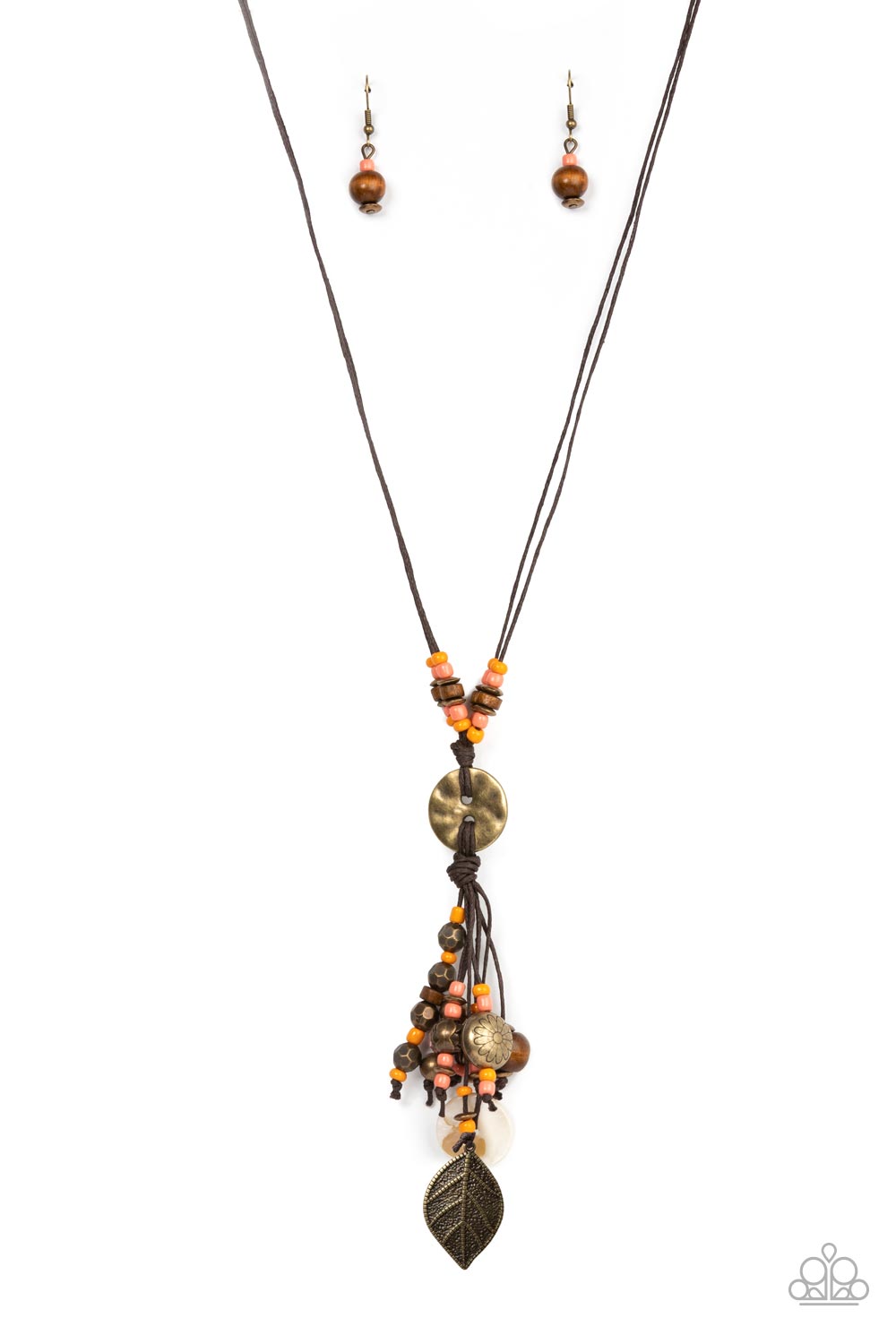 Knotted Keepsake Orange Necklace - Paparazzi Accessories  An earthy assortment of orange and coral seed beads, rustic brass discs, and wooden accents glide along lengthy strands of brown cording that knot around a hammered brass disc. Tassels of matching beads, a white shell-like accent, floral silver bead, and brass leaf charm dance from the bottom, adding playful movement to the free-spirited display. Features an adjustable clasp closure. Includes one pair of matching earrings.