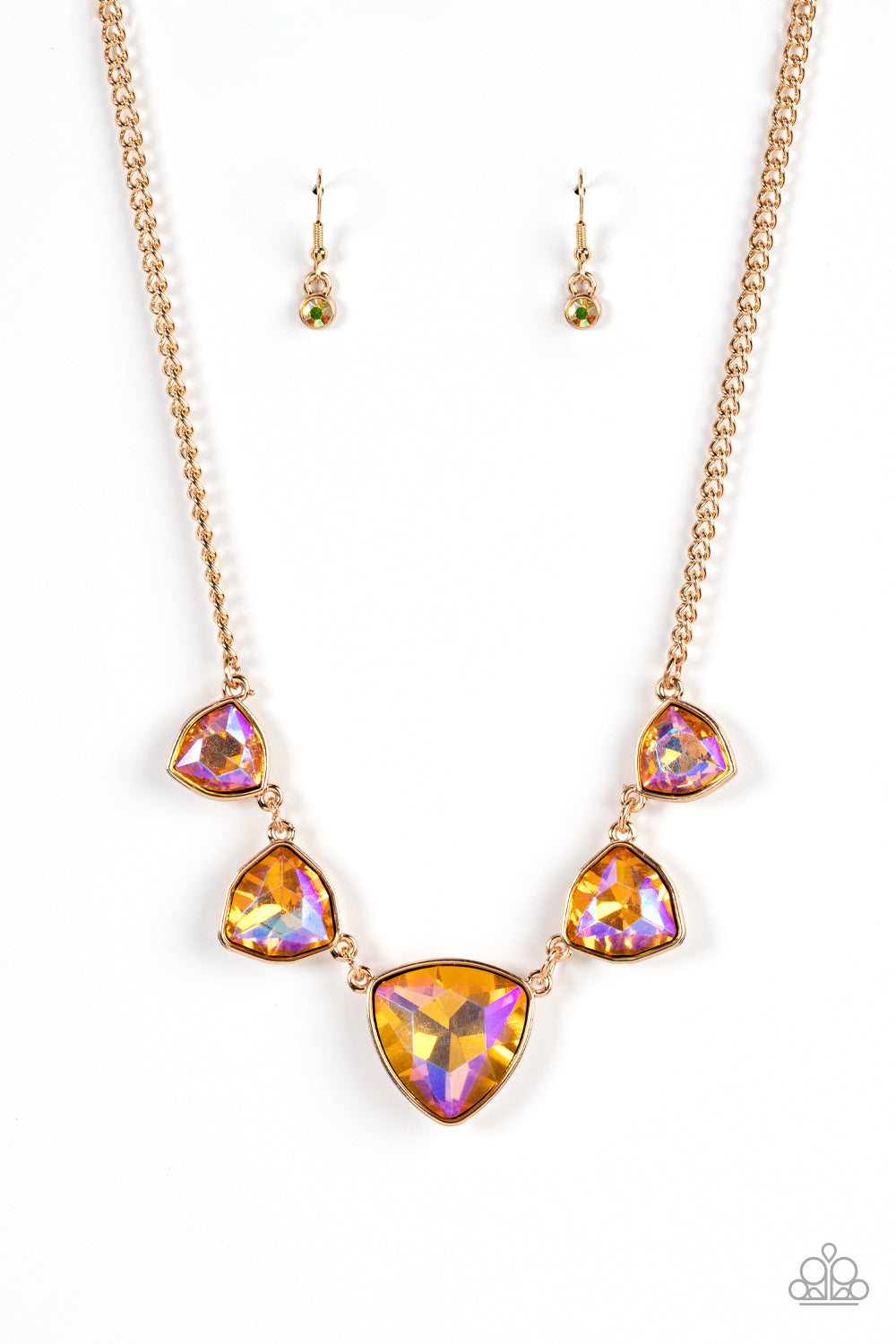 Cosmic Constellations Gold Necklace - Paparazzi Accessories  Encased in sleek gold fittings, an oversized collection of UV geometric gems gradually increase in size as they link below the collar for a golden statement. Features an adjustable clasp closure.  Sold as one individual necklace. Includes one pair of matching earrings.