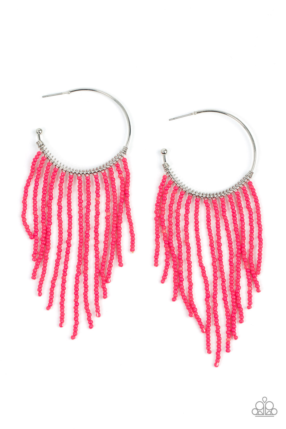Saguaro Breeze Pink Hoop Earring - Paparazzi Accessories  Strands of dainty pink seed beads stream out from the bottom of a classic silver hoop, resulting in a flirtatiously tasseled look. Earring attaches to a standard post fitting. Hoop measures approximately 1 1/2" in diameter.  Sold as one pair of hoop earrings.