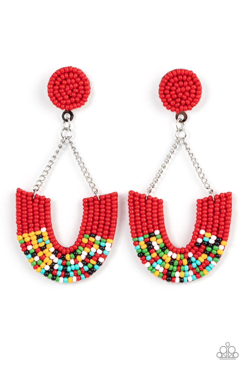 Make it RAINBOW Red Post Earring - Paparazzi Accessories  Adorned in sections of red and multicolored seed beaded accents, a colorful rainbow swings from the bottom of shimmery silver chains that attach to a red seed beaded disc for a bohemian inspired fashion. Earring attaches to a standard post fitting.  Sold as one pair of post earrings.
