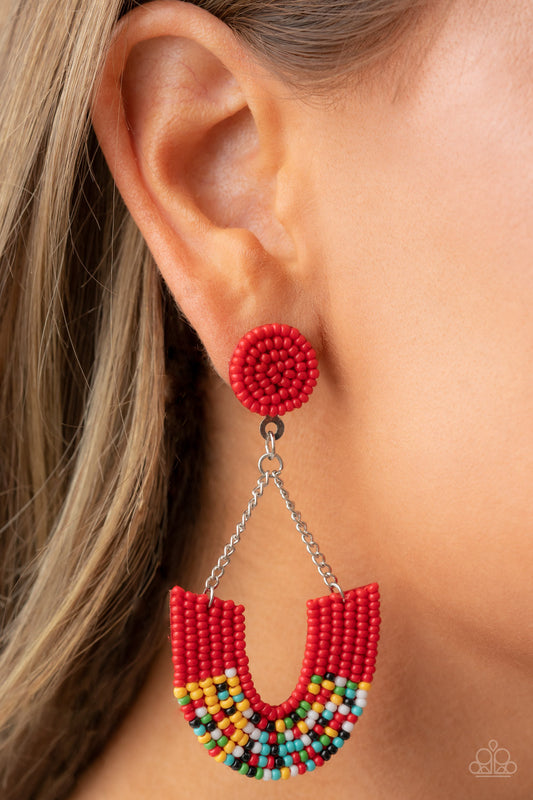 Make it RAINBOW Red Post Earring - Paparazzi Accessories  Adorned in sections of red and multicolored seed beaded accents, a colorful rainbow swings from the bottom of shimmery silver chains that attach to a red seed beaded disc for a bohemian inspired fashion. Earring attaches to a standard post fitting.  Sold as one pair of post earrings.