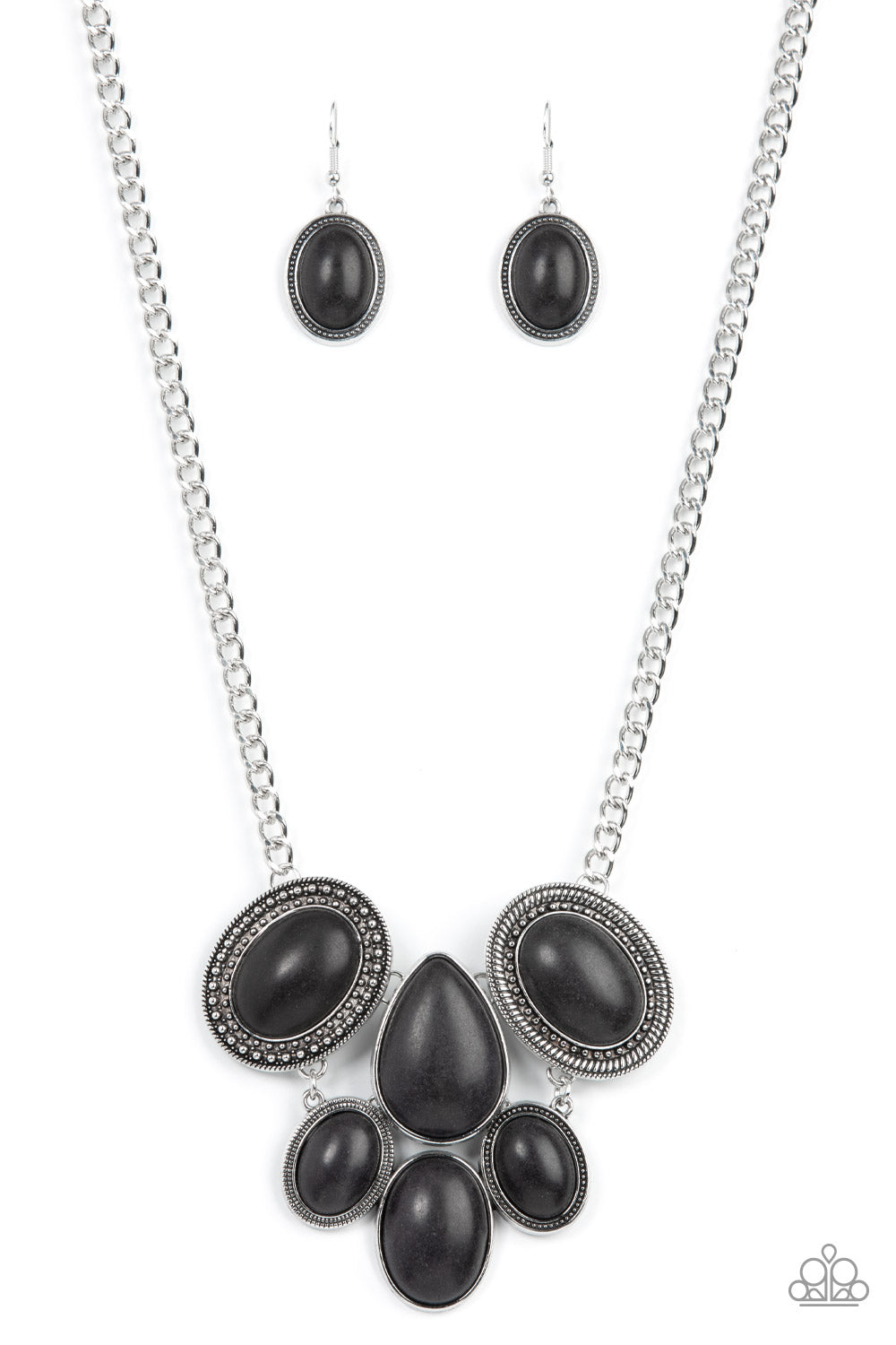 All-Natural Nostalgia - Black Item #P2ST-BKXX-193XX Featuring an assortment of studded, textured, and smooth silver frames, a grounding combination of oversized oval and teardrop black stones links into an exaggerated earthy pendant below the collar for an artisan inspired fashion. Features an adjustable clasp closure.  Sold as one individual necklace. Includes one pair of matching earrings.