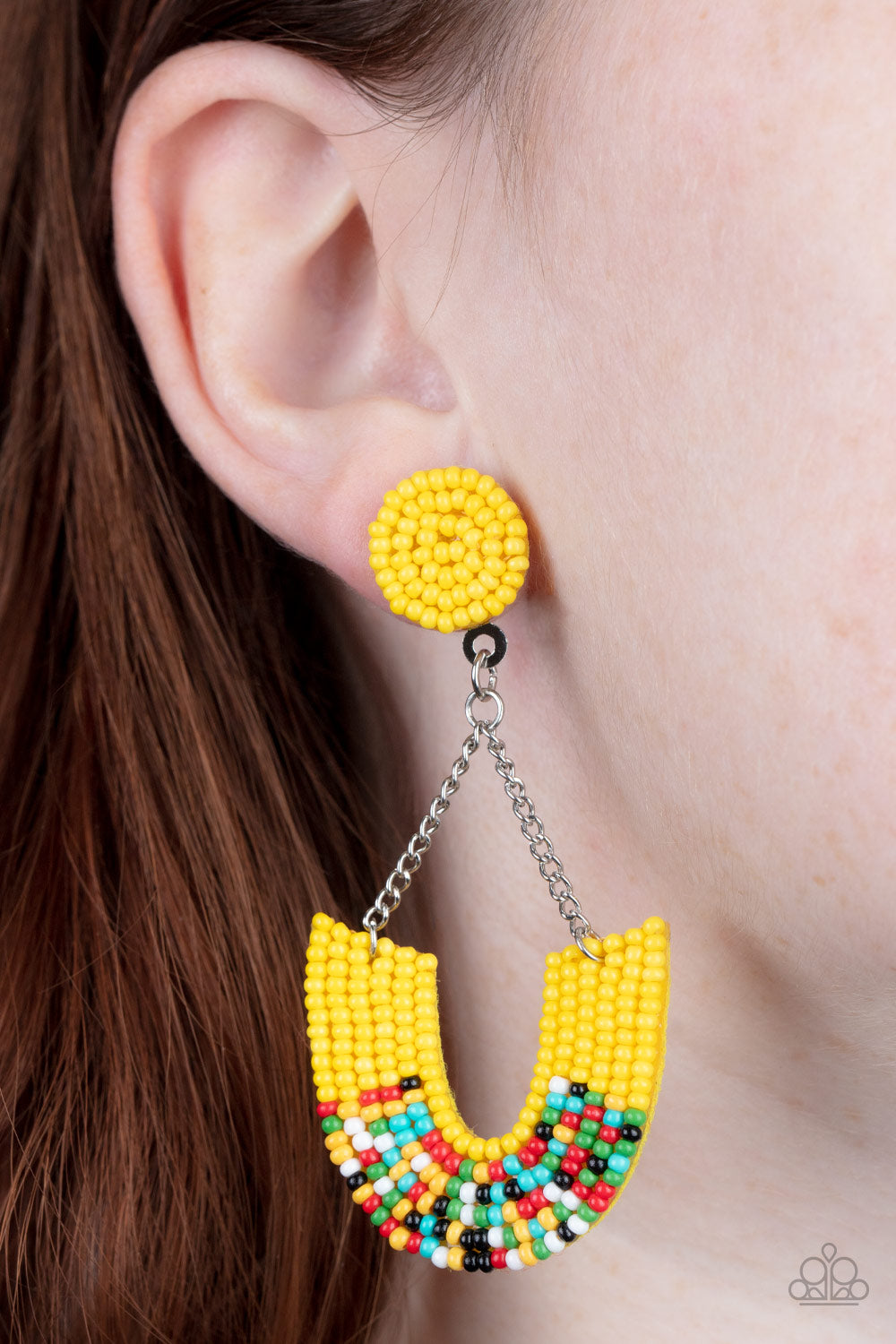 Make it RAINBOW Yellow Earring - Paparazzi Accessories  Adorned in sections of Illuminating and multicolored seed beaded accents, a colorful rainbow swings from the bottom of shimmery silver chains that attach to an Illuminating seed beaded disc for a bohemian inspired fashion. Earring attaches to a standard post fitting.  Sold as one pair of post earrings.