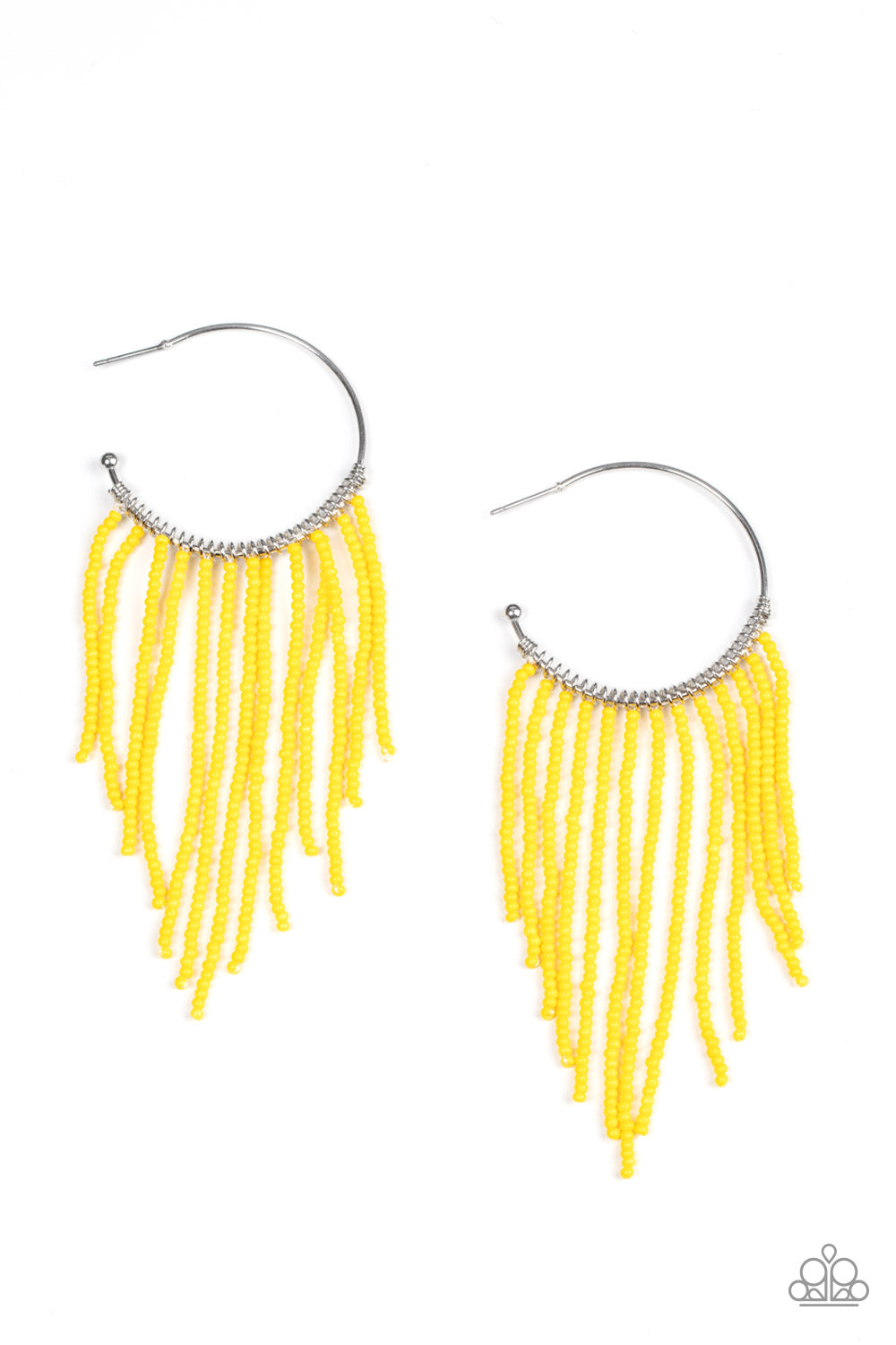 Saguaro Breeze Yellow Seed Bead Hoop Earring - Paparazzi Accessories  Strands of dainty Illuminating seed beads stream out from the bottom of a classic silver hoop, resulting in a flirtatiously tasseled look. Earring attaches to a standard post fitting. Hoop measures approximately 1 1/2" in diameter.  Sold as one pair of hoop earrings.