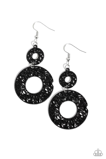 Cabo Courtyard Black Earring - Paparazzi Accessories  Painted in a distressed black finish, vine-like silver filigree blooms into two thick flat hoops that delicately link into a whimsical lure. Earring attaches to a standard fishhook fitting.  Sold as one pair of earrings.  Sku:  P5WH-BKXX-220XX