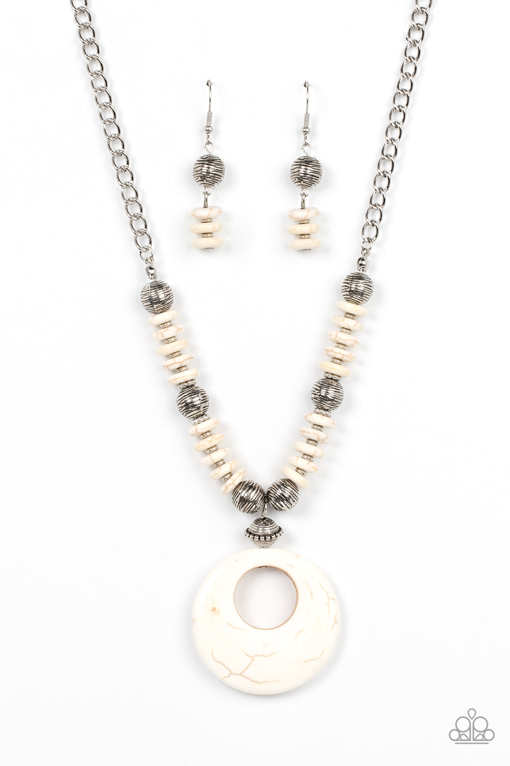 Oasis Goddess White Necklace - Paparazzi Accessories  Infused with dainty silver accents, mismatched silver beads and white stone discs are threaded along an invisible wire below the collar. An oversized white stone pendant swings from the center of the earthy strand, creating a natural pop of seasonal inspiration. Features an adjustable clasp closure.  Sold as one individual necklace. Includes one pair of matching earrings.