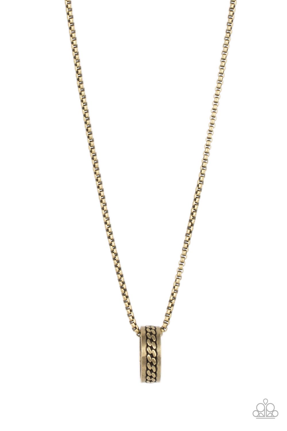 Emotion Potion Brass Urban Necklace - Paparazzi Accessories  Embossed in a band of zigzagging texture, an antiqued brass ring glides along a strand of brass box chain across the chest in a rustic fashion. Features an adjustable clasp closure.  Sold as one individual necklace.