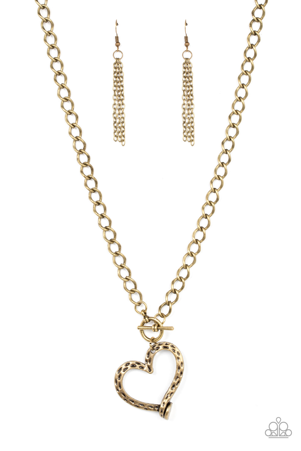 Reimagined Romance Brass Necklace - Paparazzi Accessories  A hammered brass heart frame gently twists from a toggle closure at the bottom of a chunky brass chain, resulting in a romantically rustic pendant. Features a toggle closure.  Sold as one individual necklace. Includes one pair of matching earrings.