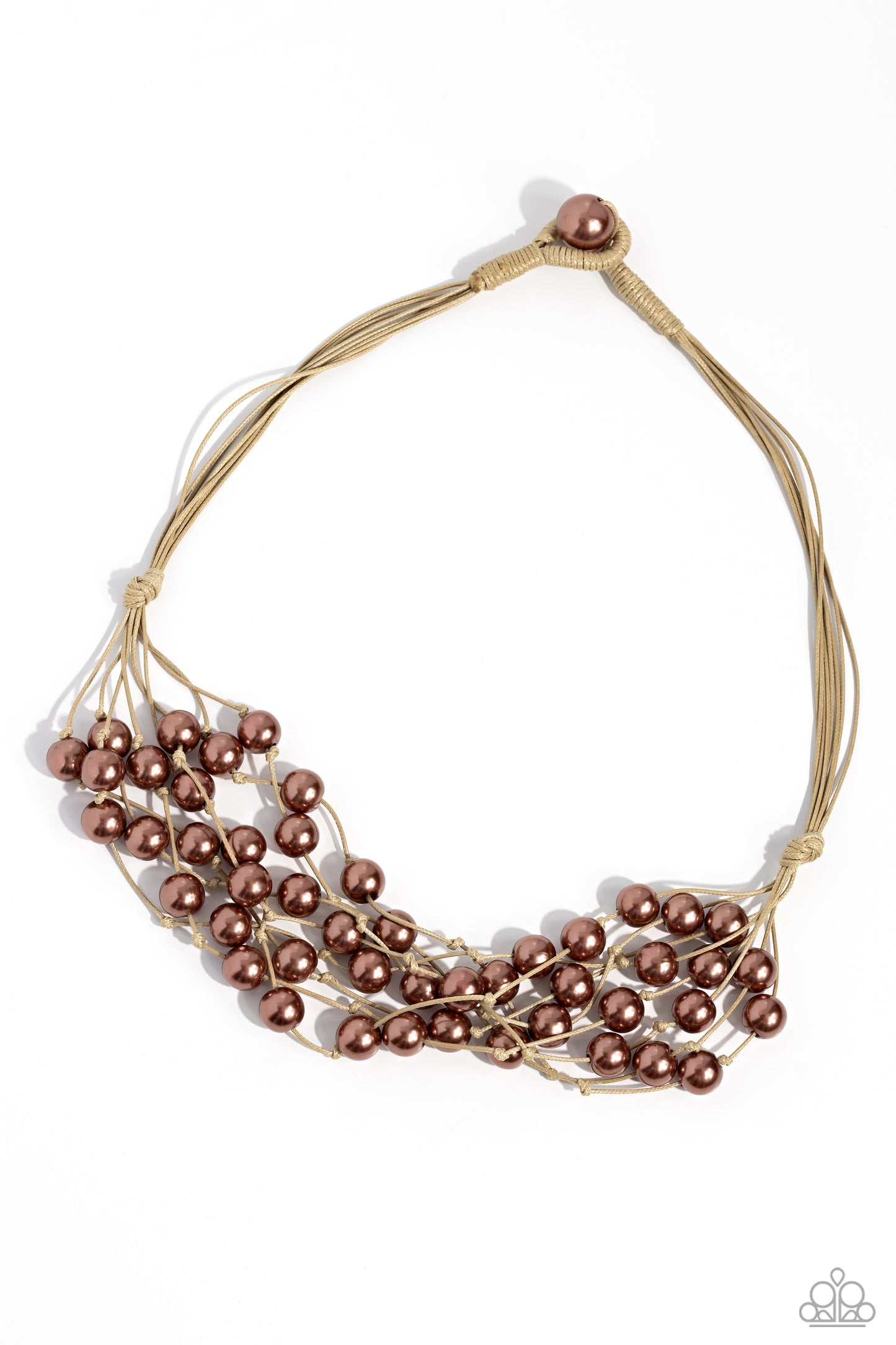 Yacht Catch Brown Pearl Necklace - Paparazzi Accessories  A collection of bubbly brown pearls are knotted in place along strands of shiny tan cording, resulting in boisterous layers below the collar. Features a button-loop closure.  Sold as one individual necklace. Includes one pair of matching earrings.  P2RE-BNXX-293XX