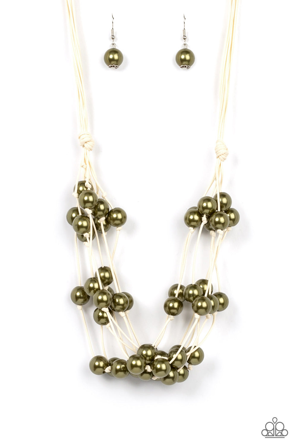 Yacht Catch Green Necklace- Paparazzi Accessories   A collection of bubbly green pearls are knotted in place along strands of white cording, resulting in boisterous layers below the collar. Features a button-loop closure.  Sold as one individual necklace. Includes one pair of matching earrings.