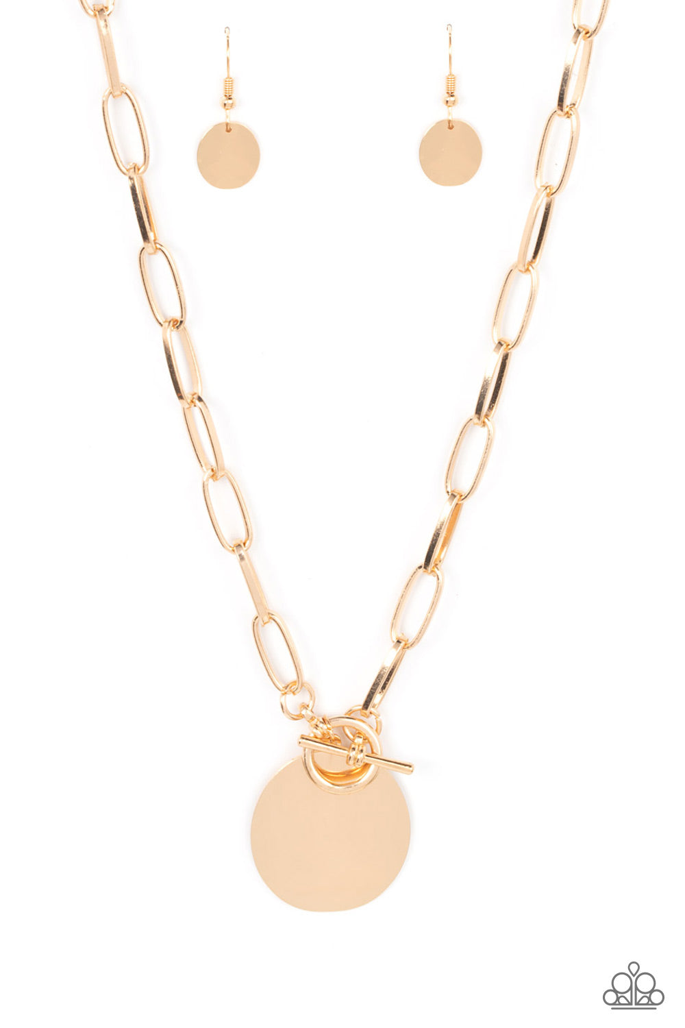 Tag Out Gold Necklace - Paparazzi Accessories  An oversized oval gold disc swings from the bottom of a substantial oval linked gold chain, resulting in a gritty industrial pendant below the collar. Features a toggle closure.  Sold as one individual necklace. Includes one pair of matching earrings.