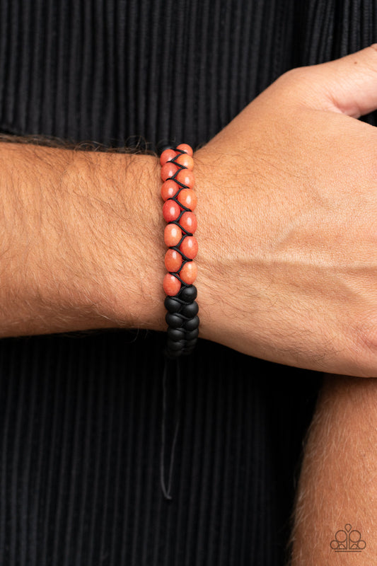 Just Play Cool Orange Urban Bracelet - Paparazzi Accessories  Sections of orange and black stone beads are knotted into rows around the wrist, resulting in a grounding pop of color. Features an adjustable sliding knot closure.  Sold as one individual bracelet.