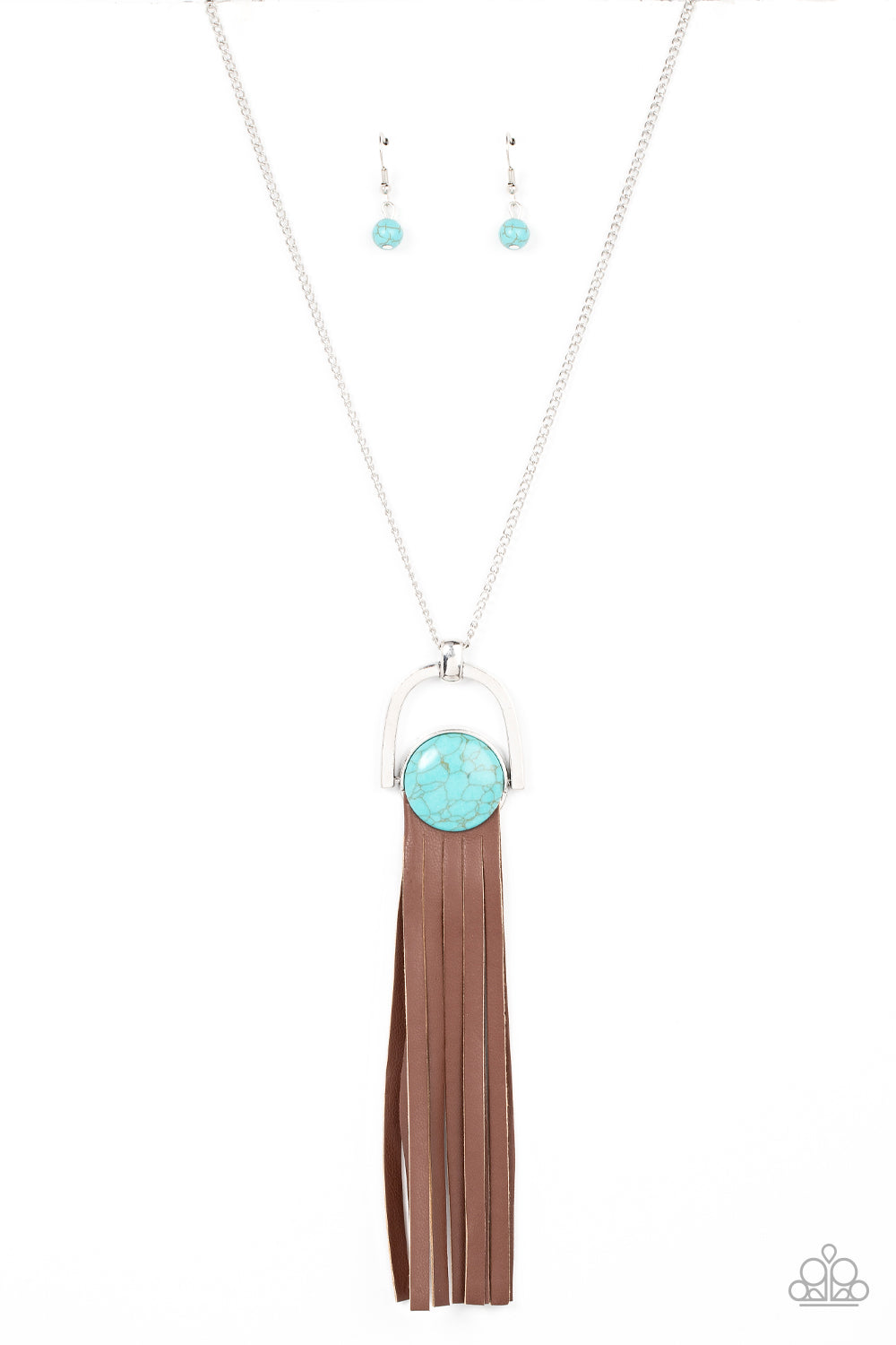 Winslow Wanderer - Blue Item #P2SE-BLXX-435XX Strips of brown leather fan out from the bottom of a round turquoise stone that is threaded along a metal rod that attaches to the bottom of a silver horseshoe frame. The earthy pendant swings from the bottom of an extended silver chain, resulting in a wildly wonderful tassel. Features an adjustable clasp closure.  Sold as one individual necklace. Includes one pair of matching earrings.