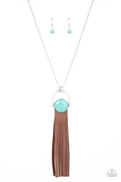 Winslow Wanderer - Blue Item #P2SE-BLXX-435XX Strips of brown leather fan out from the bottom of a round turquoise stone that is threaded along a metal rod that attaches to the bottom of a silver horseshoe frame. The earthy pendant swings from the bottom of an extended silver chain, resulting in a wildly wonderful tassel. Features an adjustable clasp closure.  Sold as one individual necklace. Includes one pair of matching earrings.