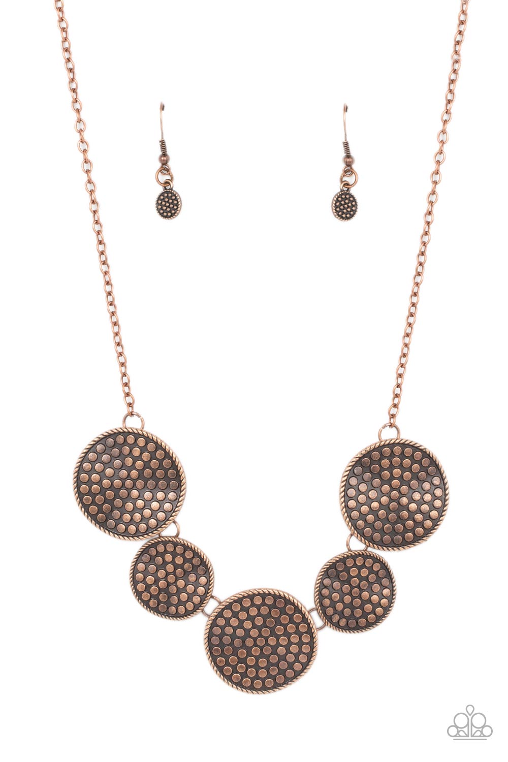 Self DISC-overy Copper Necklace - Paparazzi Accessories  Embossed in a dotted motif, a rustic collection of warped copper discs ruggedly links below the collar for an artisan inspired fashion. Features an adjustable clasp closure.  Sold as one individual necklace. Includes one pair of matching earrings.