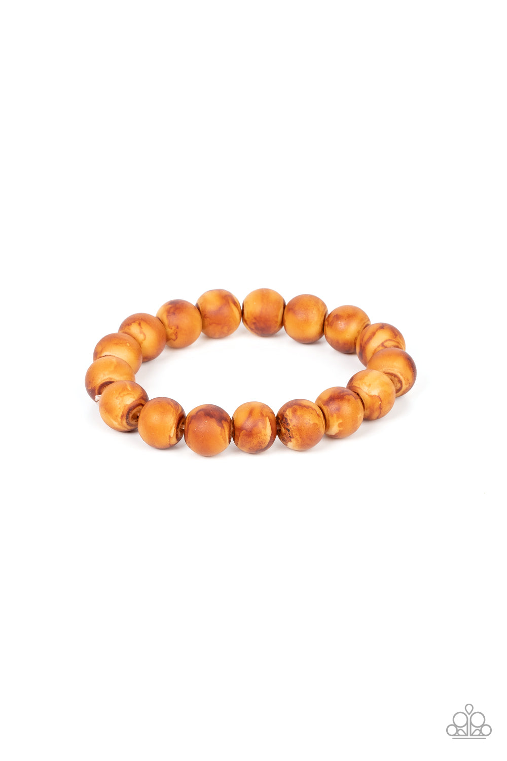 Totally Timber Mill Brown Urban Bracelet - Paparazzi Accessories  Featuring a distressed finish, an earthy collection of natural-colored wood beads are threaded along a stretchy band around the wrist for a rustic flair.  Sold as one individual bracelet.