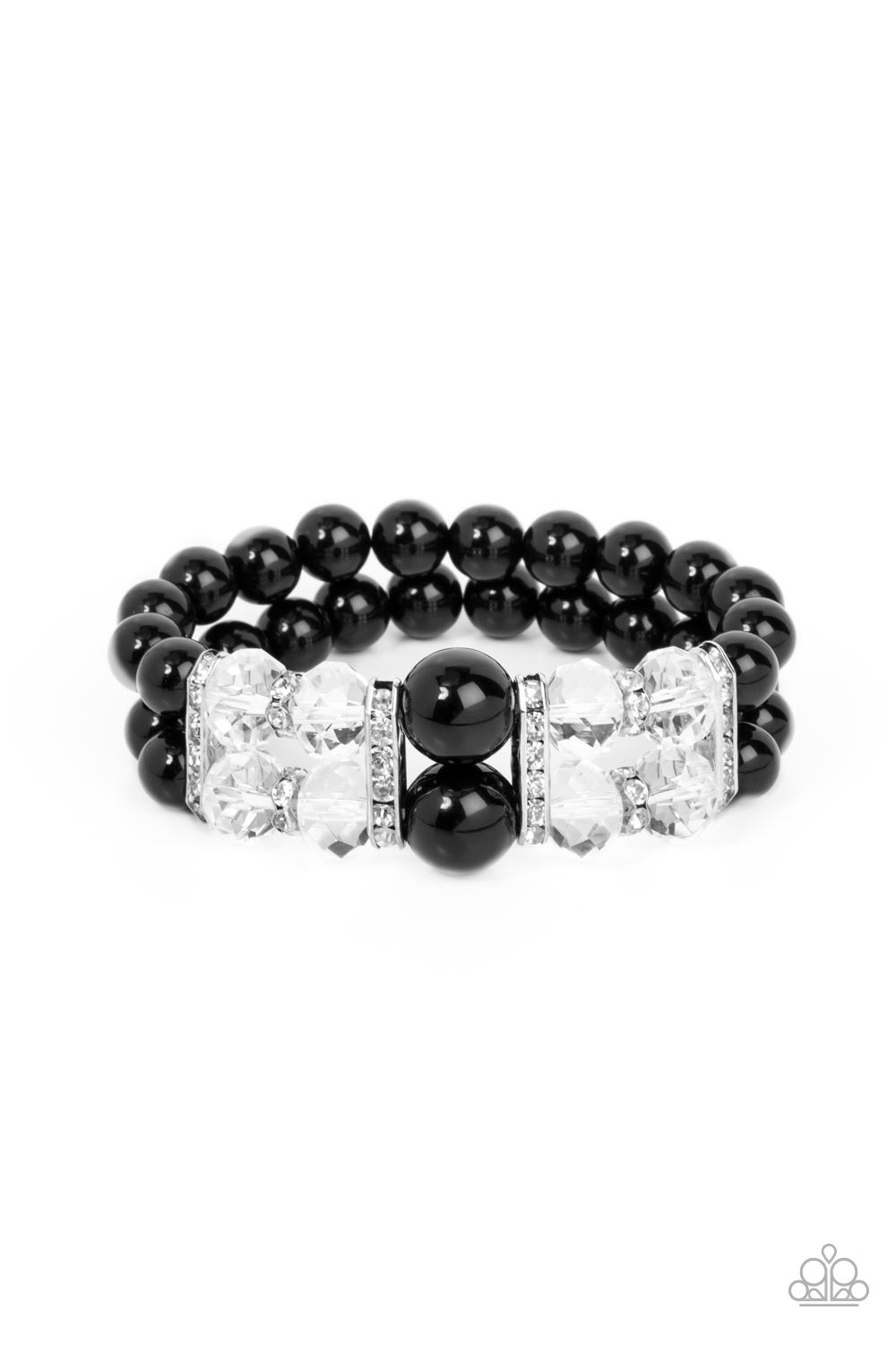 Timelessly Tea Party Black Bracelet - Paparazzi Accessories  Held together by white rhinestone encrusted silver frames, a stretchy pair of bubbly black beaded bracelets are infused with white rhinestone encrusted silver rings, iridescent crystal-like beads, and oversized black beads for a timeless finish.  Sold as one individual bracelet.