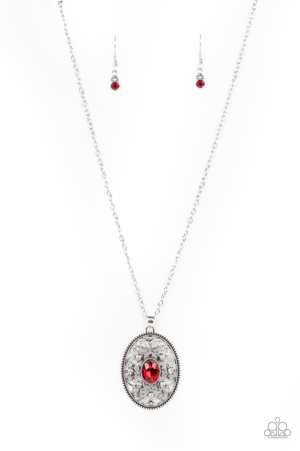 Sonata Swing - Red Item #P2RE-RDXX-234XX Dainty white rhinestones are sprinkled across silver vine-like filigree that whirls around an oval red gem center inside of a studded silver frame, resulting in a whimsical pendant at the bottom of a silver chain. Features an adjustable clasp closure.  Sold as one individual necklace. Includes one pair of matching earrings.
