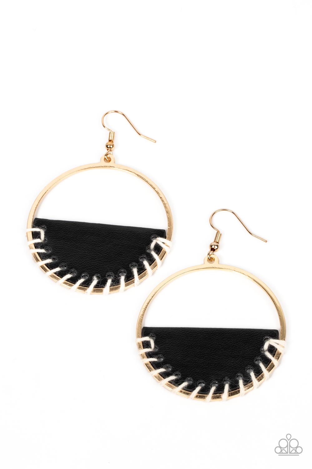 Lavishly Laid Back Black Earring - Paparazzi Accessories  White cording is threaded through the bottom of a half moon piece of black leather, anchoring the earthy accent in place inside a glistening gold hoop for an earthy flair. Earring attaches to a standard fishhook fitting.  Featured inside The Preview at GLOW!  Sold as one pair of earrings.