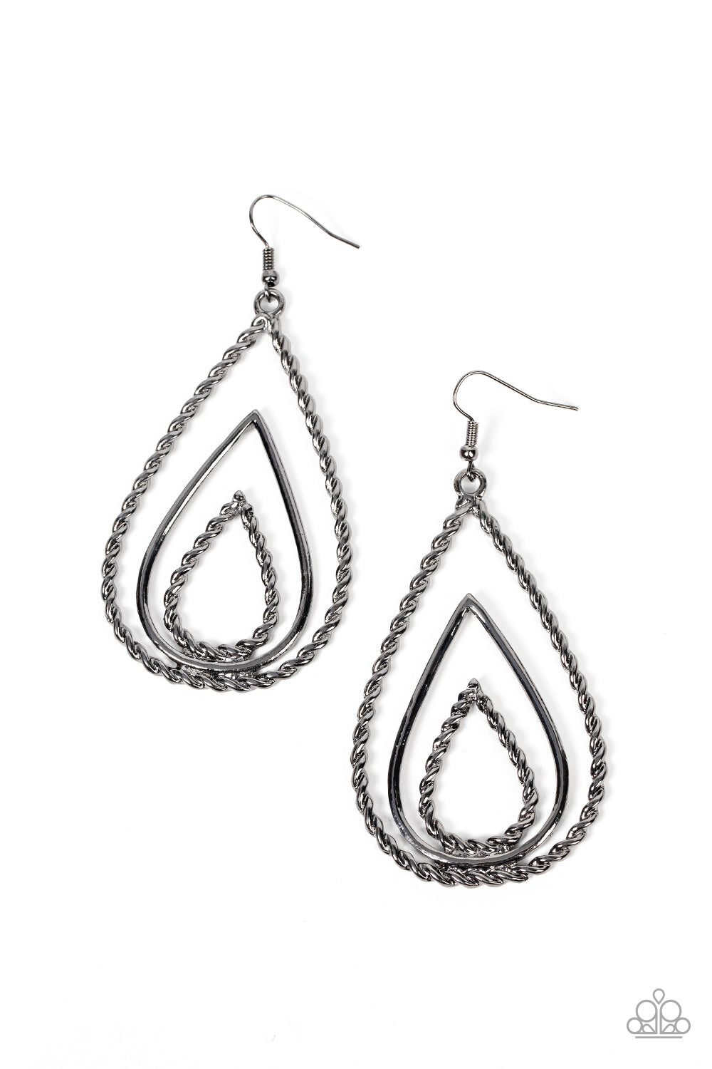 Tastefully Twisty Black Earring - Paparazzi Accessories   Smooth and twisted gunmetal teardrops stack into a rippling lure for an edgy look. Earring attaches to a standard fishhook fitting.  Sold as one pair of earrings.