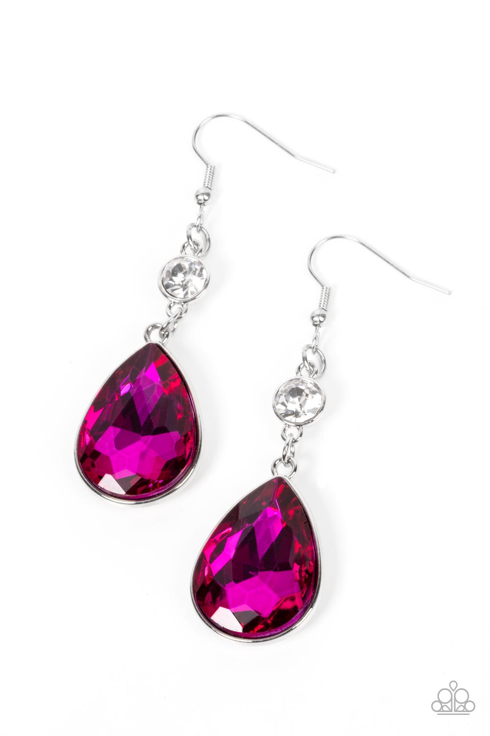 Smile for the Camera Pink Earring - Paparazzi Accessories  A dramatically oversized Fuchsia Fedora teardrop gem sparkles from the bottom of a stunning solitaire white rhinestone, resulting in a jaw-dropping dazzle. Earring attaches to a standard fishhook fitting.  Sold as one pair of earrings.
