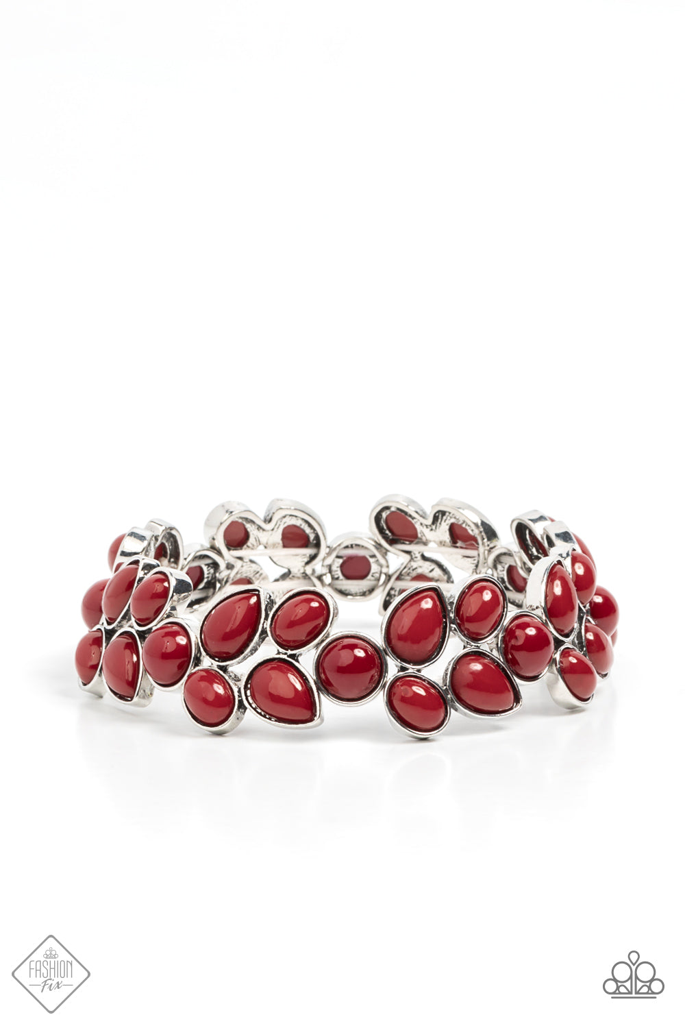 Marina Romance Red Bracelet - Paparazzi Accessories  A flourishing collection of red oval, round, and teardrop beads coalesce into abstract floral-inspired frames. The enchanting frames, threaded along stretchy bands, add a vivacious pop of color around the wrist.  Sold as one individual bracelet.