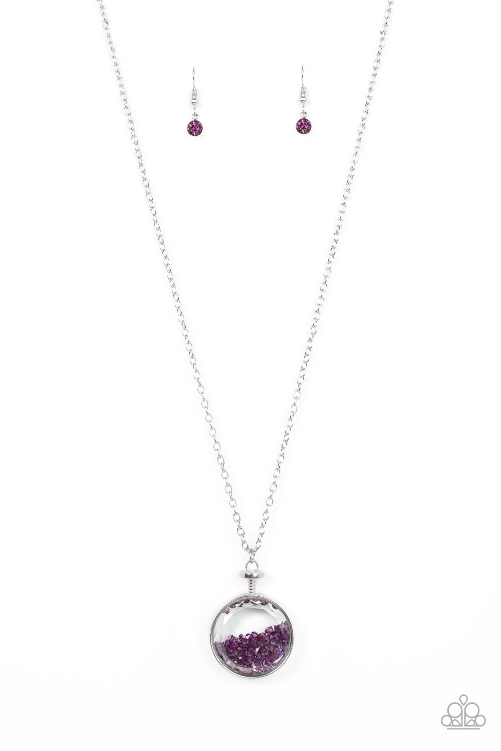 Twinkly Treasury Purple Necklace - Paparazzi Accessories  A glitzy collection of twinkly purple crystals sparkle inside a faceted glass and silver fitting, resulting in a glittery trinket at the bottom of an extended silver chain. Features an adjustable clasp closure.  Sold as one individual necklace. Includes one pair of matching earrings.