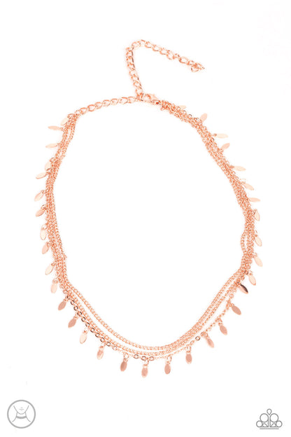 Monochromatic Magic Rose Gold Choker Necklace - Paparazzi Accessories  Infused with two dainty rows of rose gold chains, a row of rose gold oval discs glisten around the neck for a playful look. Features an adjustable clasp closure.  Sold as one individual choker necklace. Includes one pair of matching earrings.