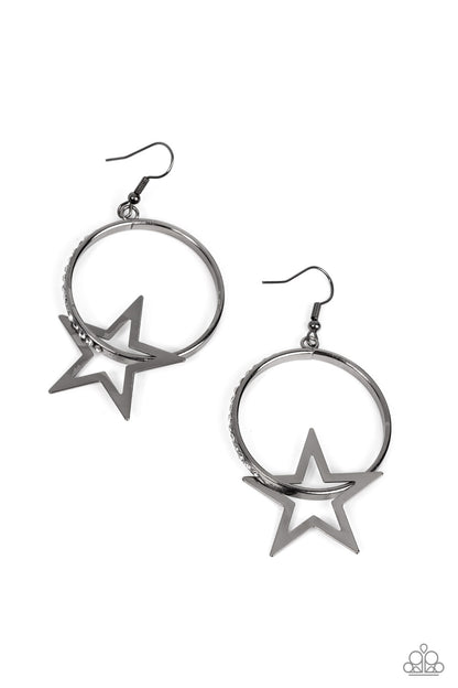 Superstar Showcase Black Earring - Paparazzi Accessories  A flat gunmetal star glides along a gunmetal hoop, resulting in a stellar fashion. The front of the gunmetal hoop is encrusted in glassy white rhinestones for a glitzy finish. Earring attaches to a standard fishhook fitting.  Sold as one pair of earrings.