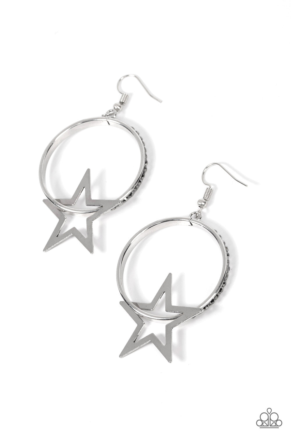 Superstar Showcase Silver Earring - Paparazzi Accessories  A flat silver star glides along a silver hoop, resulting in a stellar fashion. The front of the silver hoop is encrusted in smoky hematite rhinestones for a glitzy finish. Earring attaches to a standard fishhook fitting.  Sold as one pair of earrings.