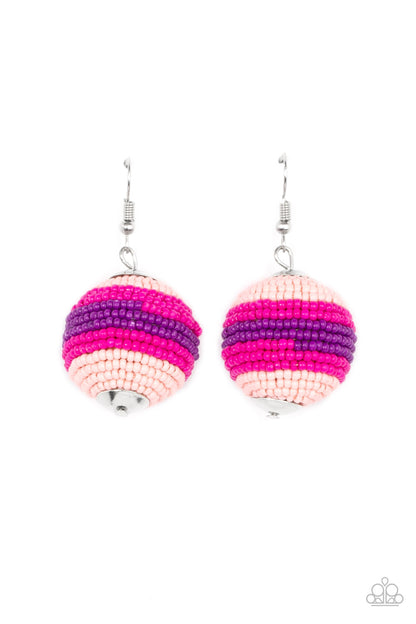Zest Fest Pink Earring - Paparazzi Accessories  Strands of Pale Rosette, Fuchsia Fedora, and purple seed beads decoratively spin around a spherical frame, resulting in a colorful 3-dimensional display. Earring attaches to a standard fishhook fitting.  Sold as one pair of earrings.