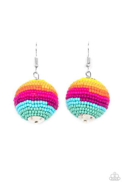 Zest Fest Multi Earring - Paparazzi Accessories  Strands of multicolored seed beads decoratively spin around a spherical frame, resulting in a colorful 3-dimensional display. Earring attaches to a standard fishhook fitting.  Sold as one pair of earrings.