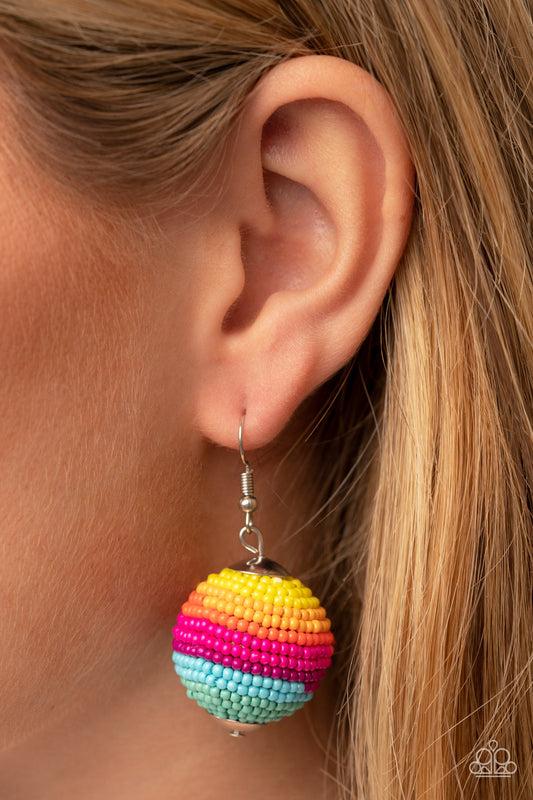 Zest Fest Multi Earring - Paparazzi Accessories  Strands of multicolored seed beads decoratively spin around a spherical frame, resulting in a colorful 3-dimensional display. Earring attaches to a standard fishhook fitting.  Sold as one pair of earrings.