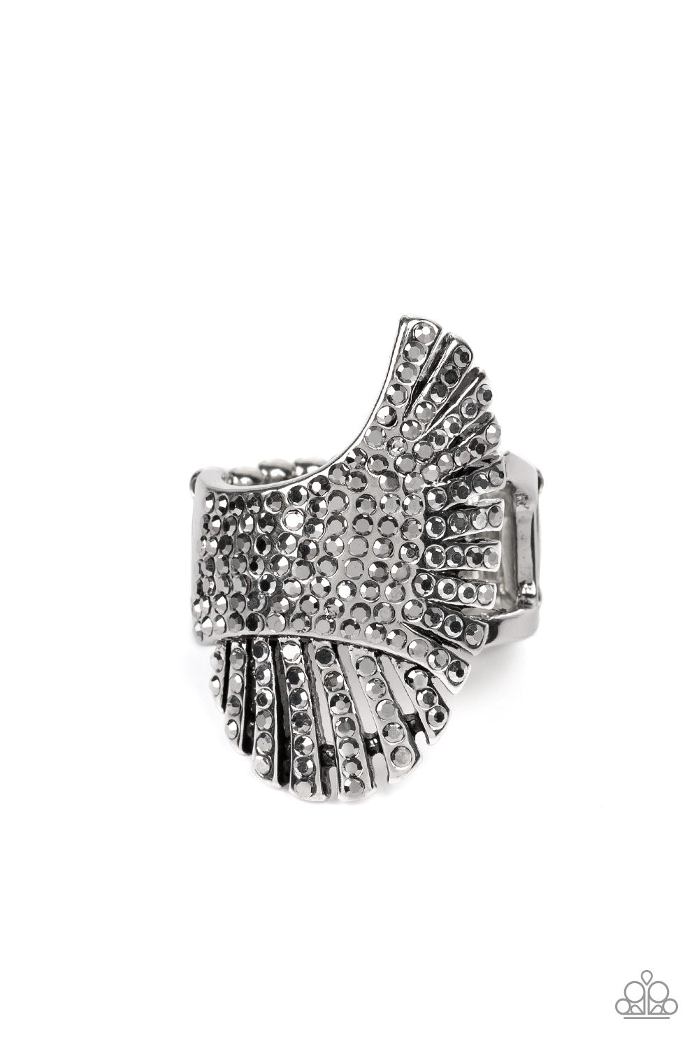 Express Your-SELFIE Silver Ring - Paparazzi Accessories  Dainty hematite rhinestones are sprinkled across pillared silver frames that asymmetrically overlap across the center of the finger, culminating in an expressive shimmer. Features a stretchy band for a flexible fit.  Sold as one individual ring.