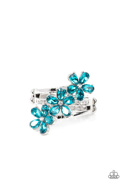 Posh Petals - Blue Item #P4DA-BLXX-087XX Dotted with dainty white rhinestone centers, blue rhinestone petaled floral frames slant across layers of plain silver and white rhinestone encrusted silver bands for a sparkly efflorescence. Features a stretchy band for a flexible fit.  Sold as one individual ring.