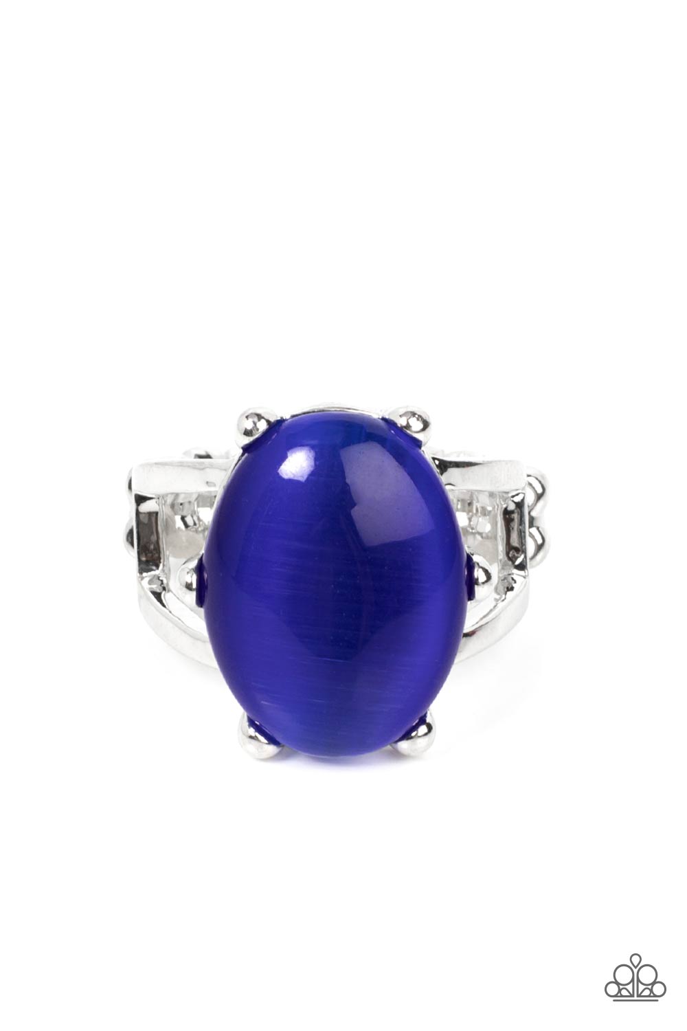Enchantingly Everglades Blue Ring - Paparazzi Accessories  An oval blue cat's eye gemstone sits atop a pronged silver frame along two layered silver bands, resulting in an enchanting centerpiece atop the finger. Features a stretchy band for a flexible fit.  Sold as one individual ring.