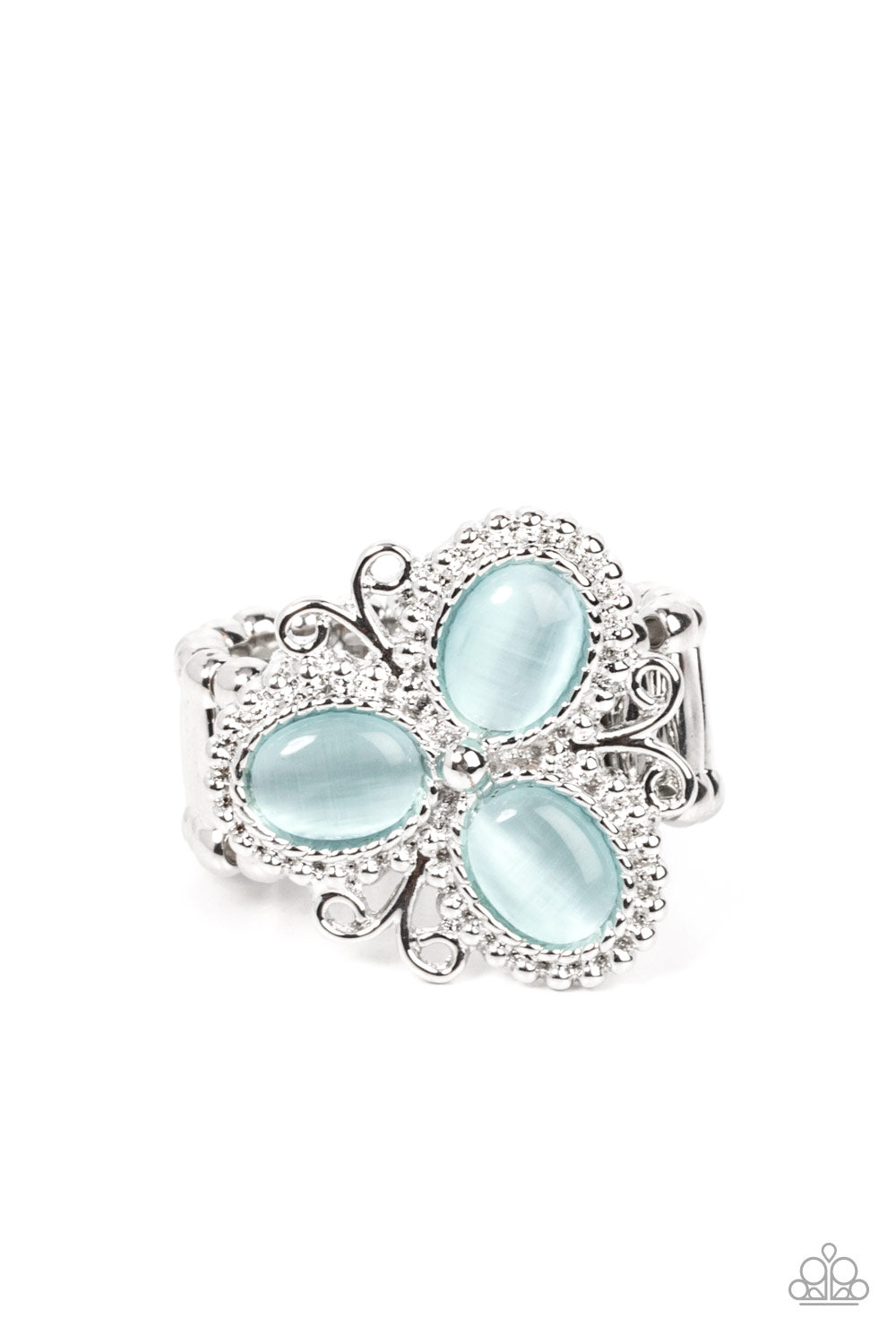 Bewitched Blossoms Blue Ring - Paparazzi Accessories  Three oval blue cat's eye stones are encased in studded silver fittings featuring filigree accents, blooming into a magical floral centerpiece atop the finger. Features a stretchy band for a flexible fit.  Sold as one individual ring.