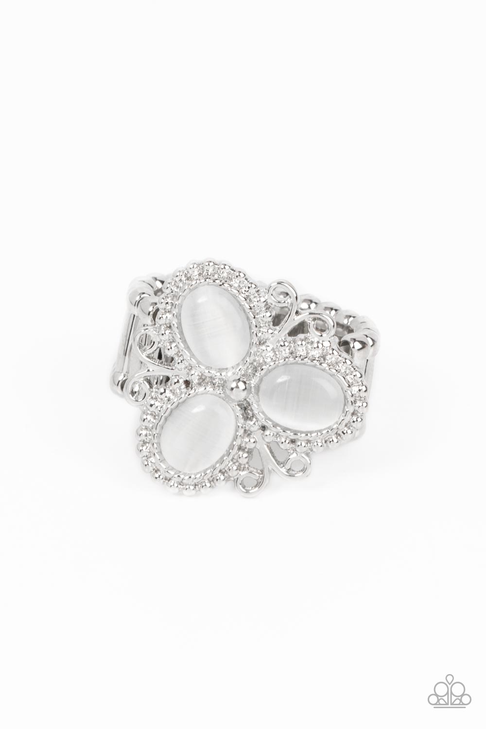 Bewitched Blossoms White Ring - Paparazzi Accessories  Three oval white cat's eye stones are encased in studded silver fittings featuring filigree accents, blooming into a magical floral centerpiece atop the finger. Features a stretchy band for a flexible fit.  Sold as one individual ring.