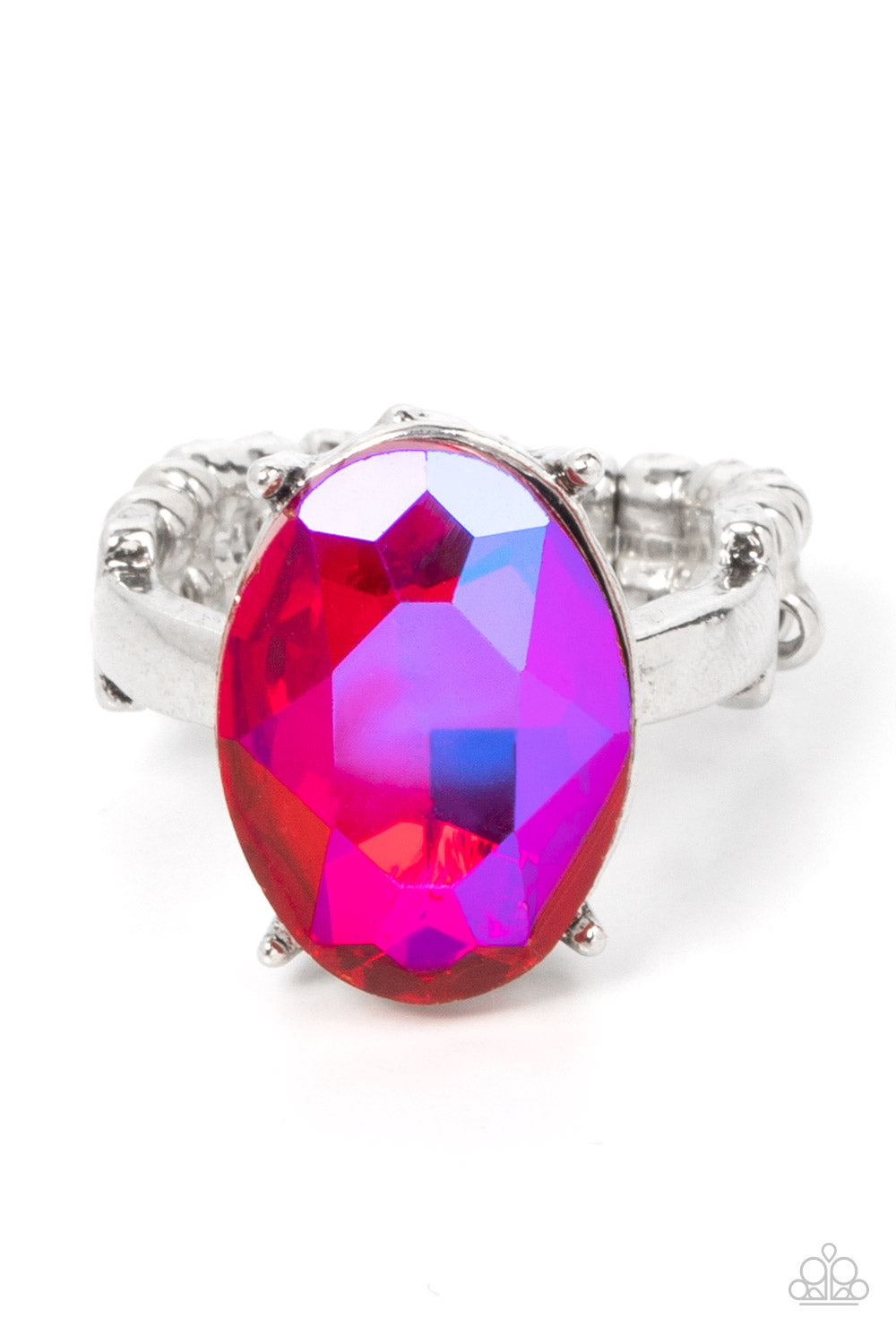 Updated Dazzle Pink Ring - Paparazzi Accessories  A stunning faceted iridescent pink gem, set in edgy pronged fittings, creates a glamorous show-stopping centerpiece atop sleek silver bands. Features a dainty stretchy band for a flexible fit.  Sold as one individual ring.