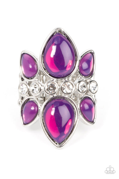 TRIO Tinto Purple Ring - Paparazzi Accessories  Crowns of glassy purple teardrop beads fan out from a center of glassy white rhinestones, coalescing into an ethereal centerpiece atop the finger. Features a stretchy band for a flexible fit.  Sold as one individual ring.