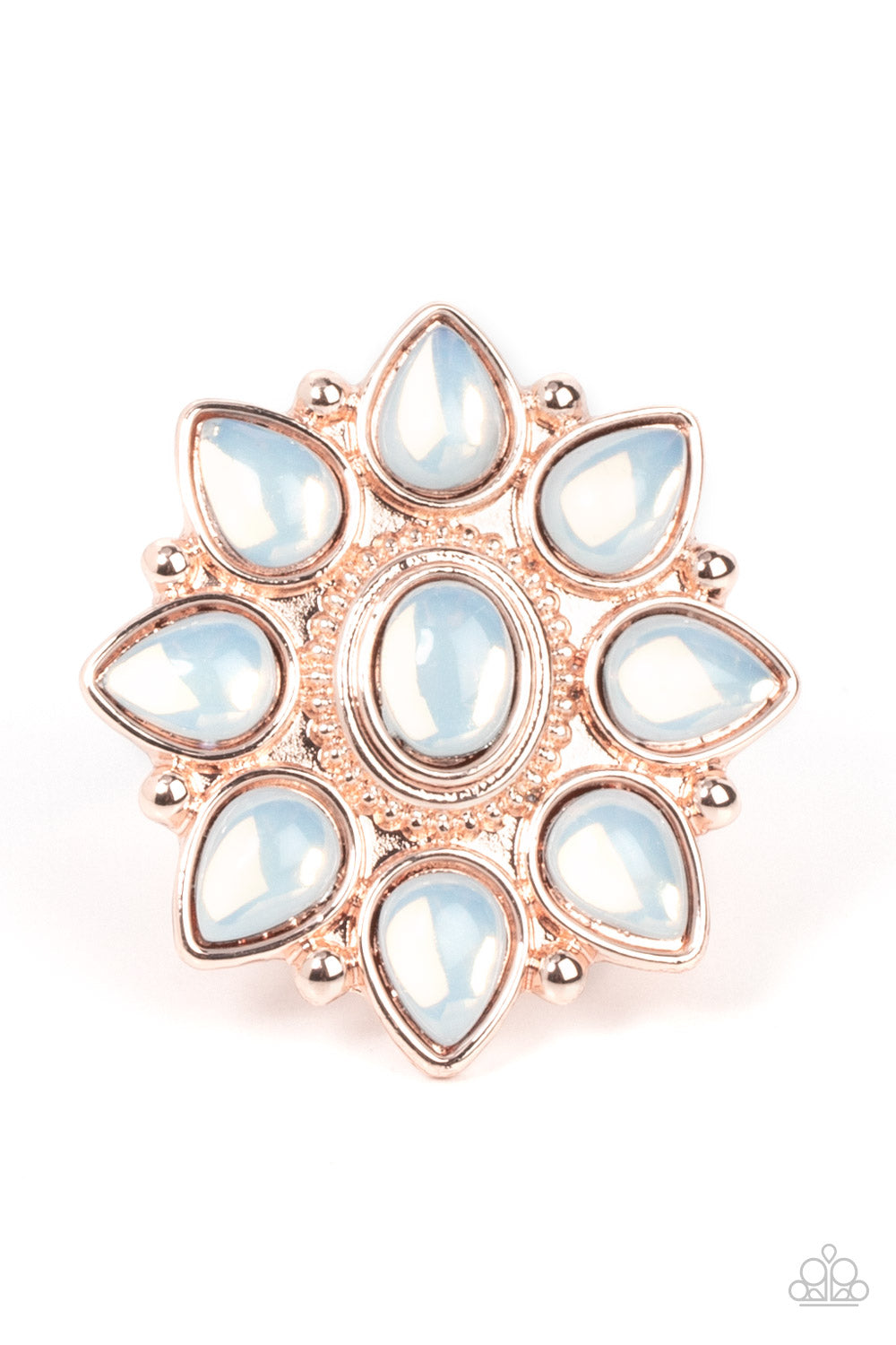 Enchanted Orchard Rose Gold Ring - Paparazzi Accessories  Dewy opal teardrop beads bloom from a matching oval beaded center, resulting in an ethereal floral pattern atop a studded rose gold backdrop. Features a stretchy band for a flexible fit.  Sold as one individual ring.
