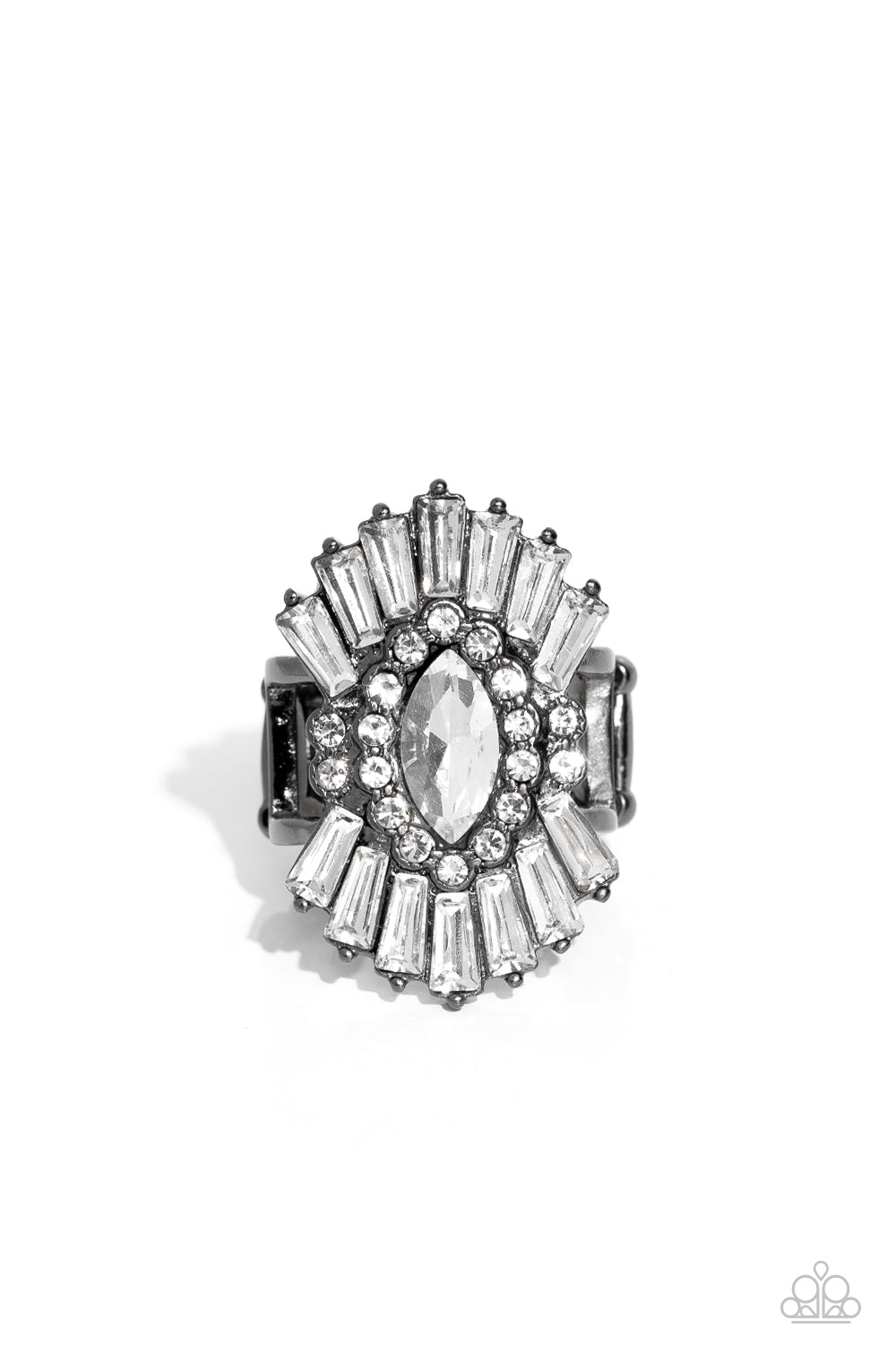 Daringly Deco Black Ring - Paparazzi Accessories   A white, marquise-cut rhinestone is bordered in glassy white rhinestones atop fans of trapezoidal-cut white rhinestones, resulting in an edgy sparkle that explodes atop the finger. Features a stretchy band for a flexible fit.  Sold as one individual ring.