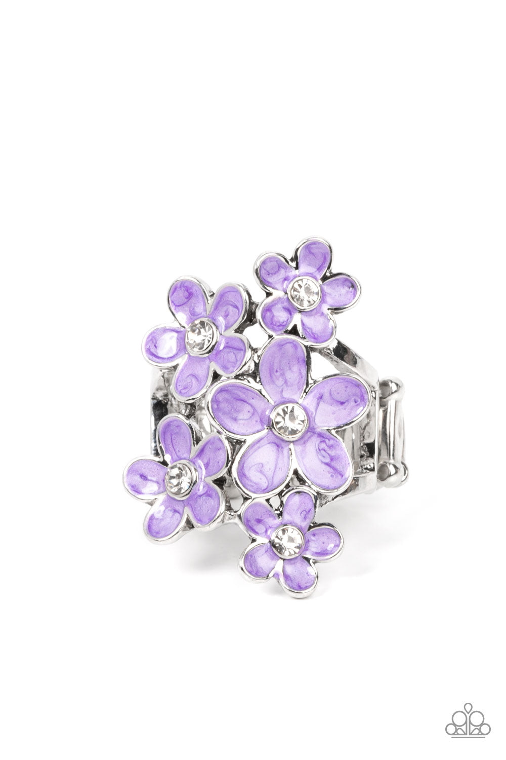 Boastful Blooms Purple Ring - Paparazzi Accessories  Dotted with dainty white rhinestone centers, a bouquet of shiny purple flowers blooms across the finger for a sensational seasonal look. Features a stretchy band for a flexible fit.  Sold as one individual ring.