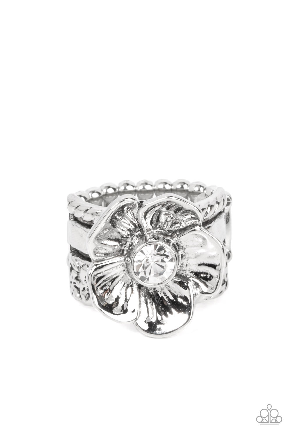 Prismatically Petunia White Ring - Paparazzi Accessories  Textured silver petals gently gather around a sparkling white rhinestone center, blooming into a dazzling floral centerpiece atop the finger. Features a stretchy band for a flexible fit.  Sold as one individual ring.