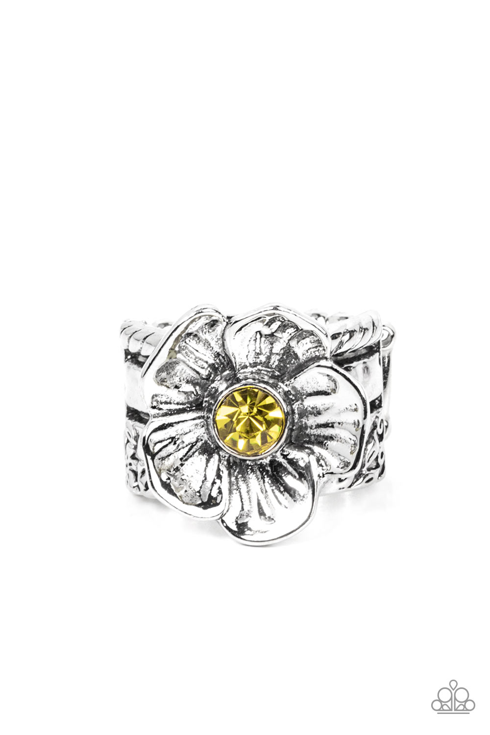 Prismatically Petunia Yellow Ring - Paparazzi Accessories  Textured silver petals gently gather around a sparkling yellow rhinestone center, blooming into a dazzling floral centerpiece atop the finger. Features a stretchy band for a flexible fit.  Sold as one individual ring.