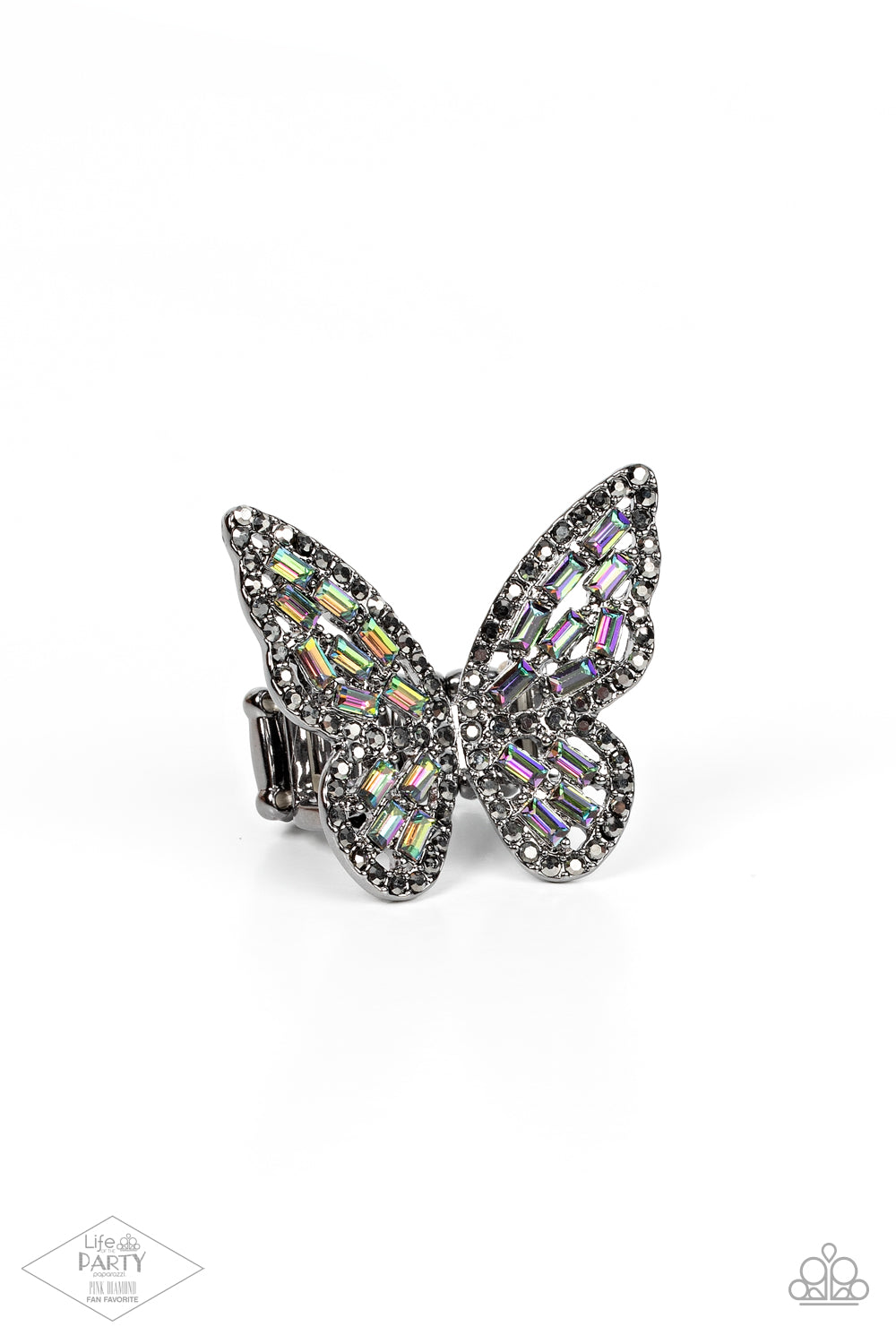 Flauntable Flutter Multi Oil Spill Butterfly Ring - Paparazzi Accessories  Dainty oil spill emerald-cut rhinestones are sprinkled across the gunmetal wings of a butterfly that is encrusted in dauntless hematite rhinestones for a dramatically dazzling finish. Features a stretchy band for a flexible fit.  Sold as one individual ring.  Sku:  P4RE-MTXX-039XX