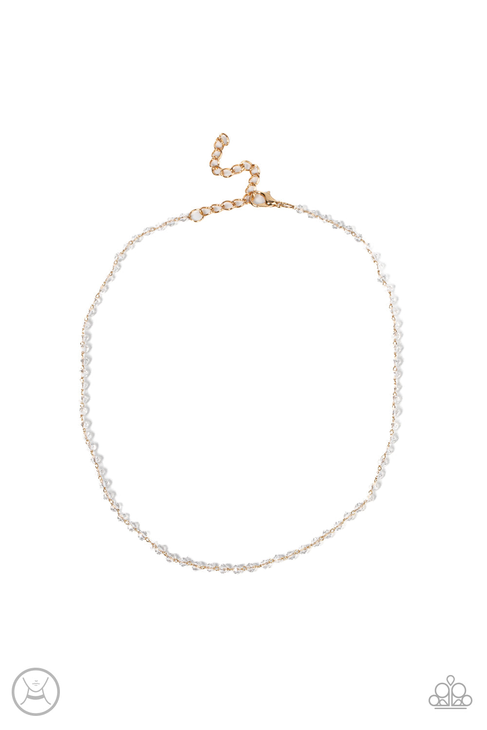 Mini MVP Gold Choker Necklace - Paparazzi Accessories  A dainty row of faceted white crystal-like beads delicately links around the neck, resulting in a golden glimmer. Features an adjustable clasp closure.  Sold as one individual choker necklace. Includes one pair of matching earrings.