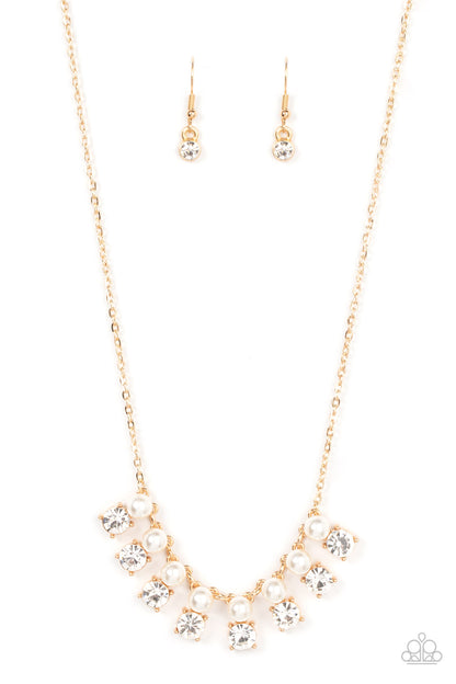 Dashingly Duchess Gold Necklace - Paparazzi Accessories  Encased in sleek gold fittings, pairs of white pearls and white rhinestones elegantly stack below the collar for a romantically refined flair. Features an adjustable clasp closure.  Sold as one individual necklace. Includes one pair of matching earrings.