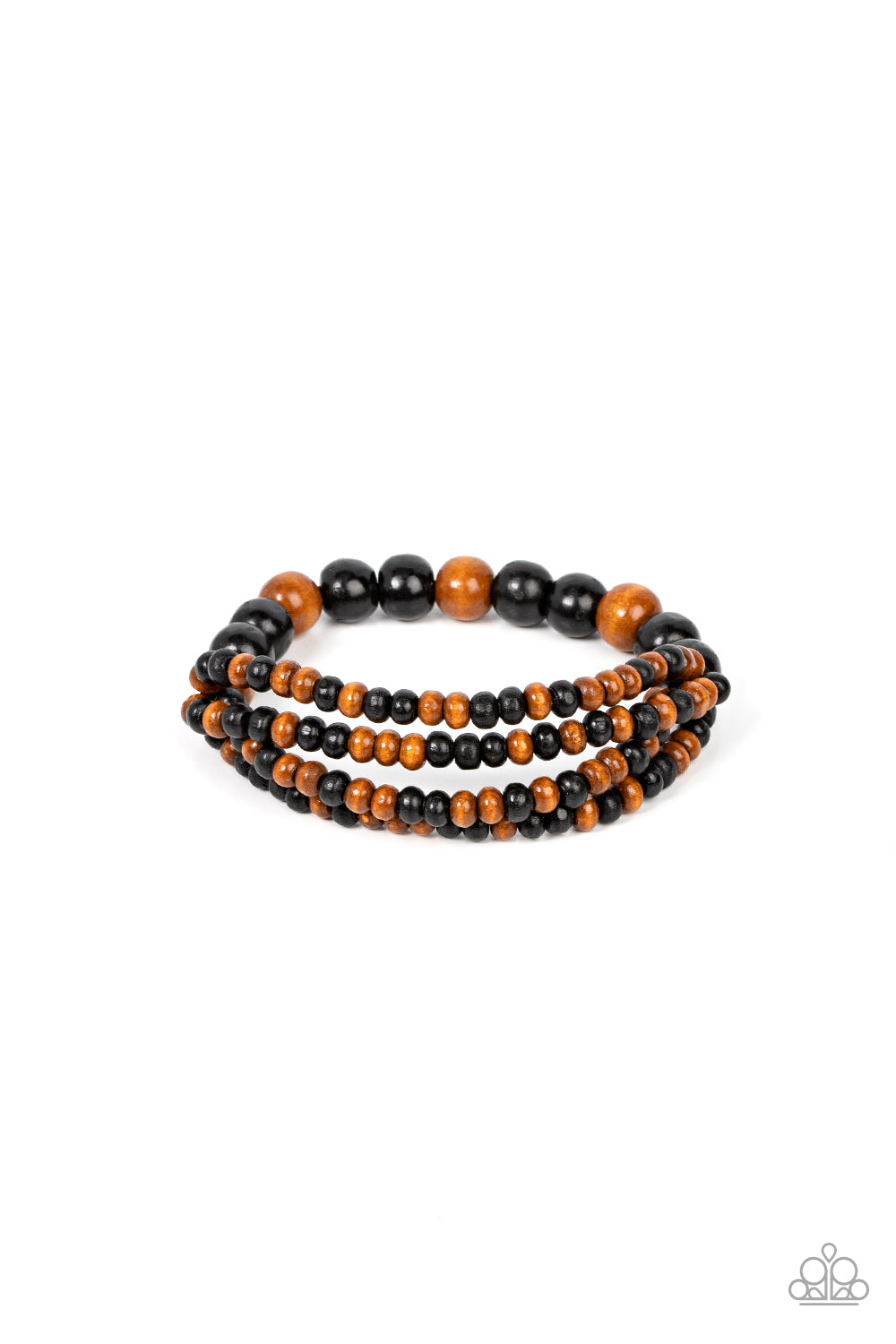 Oceania Oasis Black Bracelet - Paparazzi Accessories  Stretchy strands of dainty brown and black wooden beads attach to a single strand of oversized brown and black wooden beads, resulting in colorful layers around the wrist.  Sold as one individual bracelet.